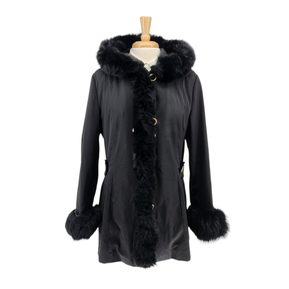 St. John Ladies Black Polyester w/ Genuine Fur Trim Hooded Jacket Coat Size L
